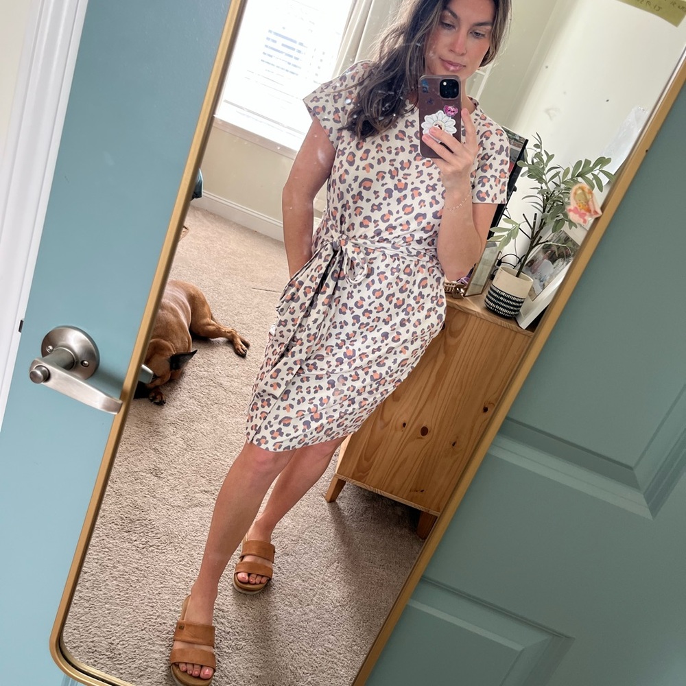 Leopard Print Tie-Waist Midi Dress in Cream with Pink Accents